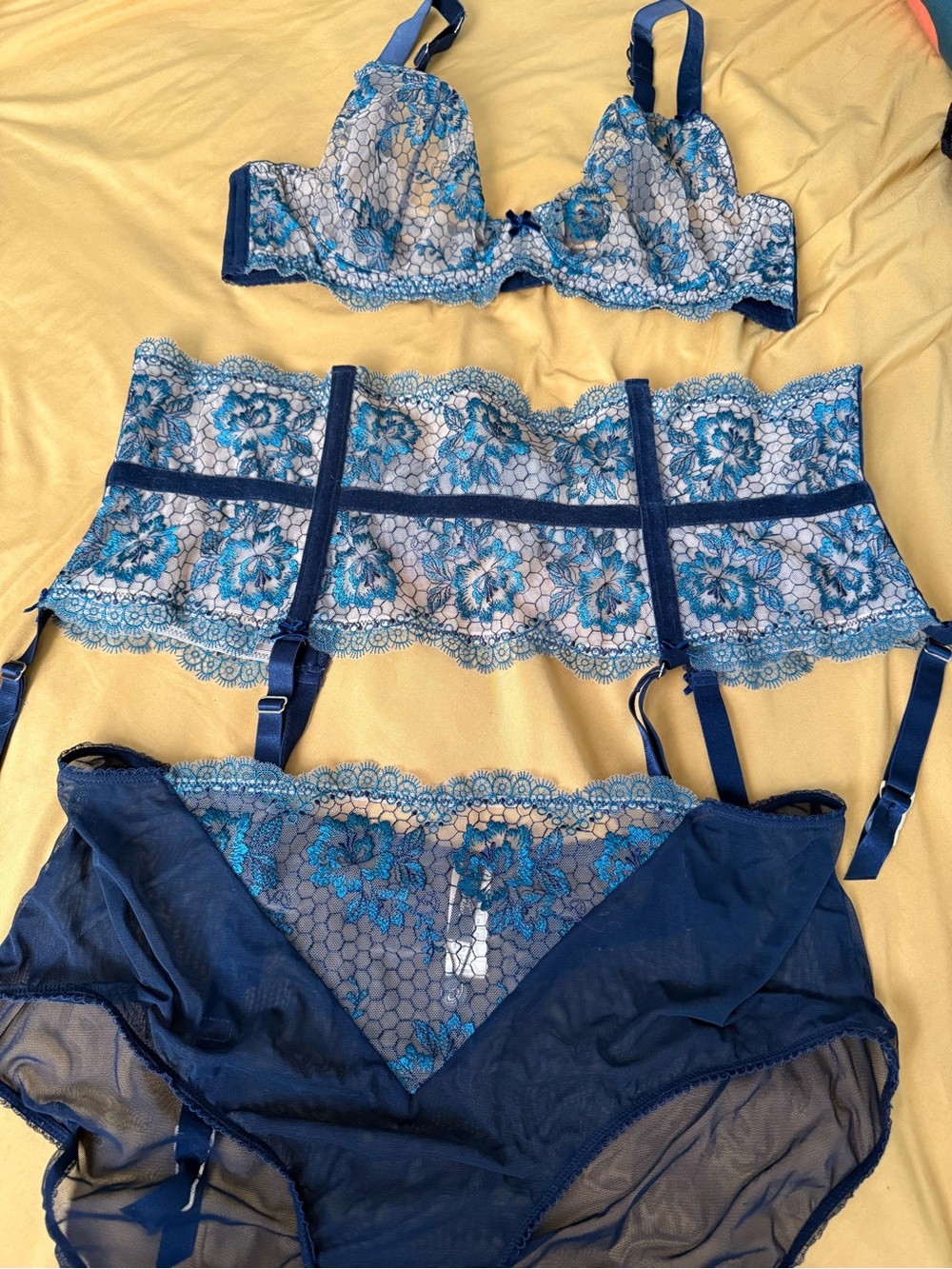 Floral Lace Underwire Bra, Garter Belt & Brief Set - Navy/Light Blue